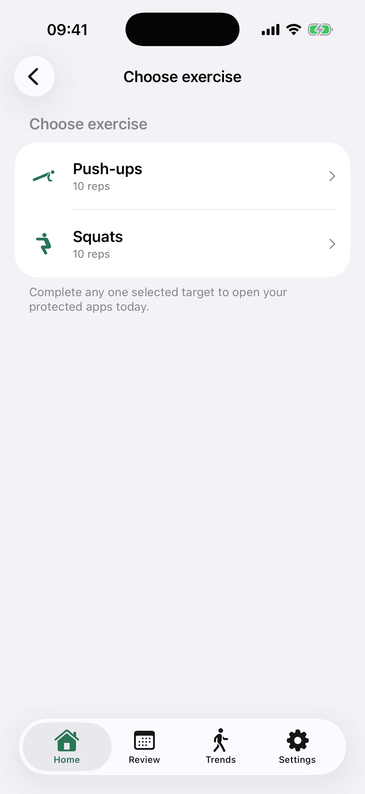 The MoveFirst exercise picker showing the selectable targets that open the protected apps for the day.