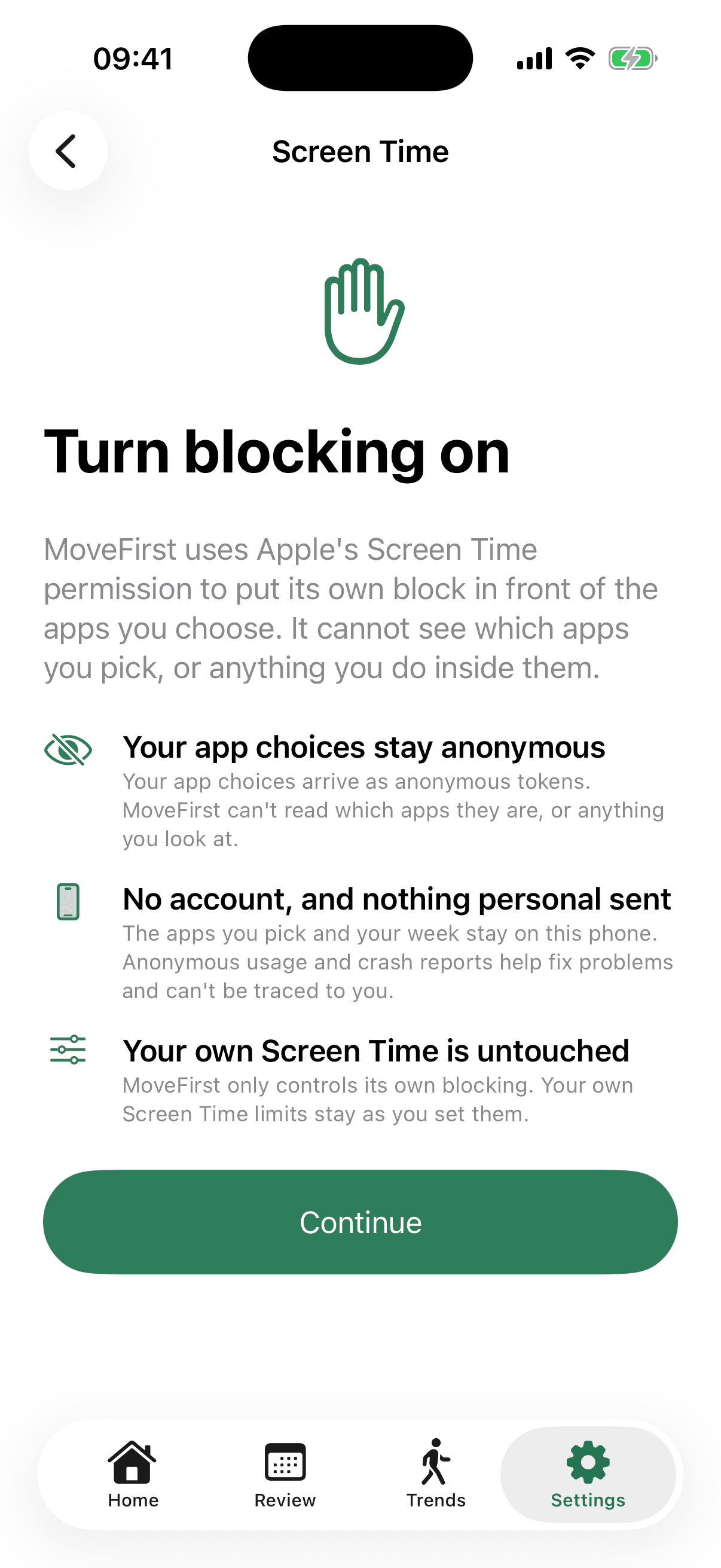 MoveFirst’s Screen Time permission screen, headed “Turn blocking on”, listing what stays private: app choices arrive as anonymous tokens, nothing personal is sent, and your own Screen Time limits are untouched.