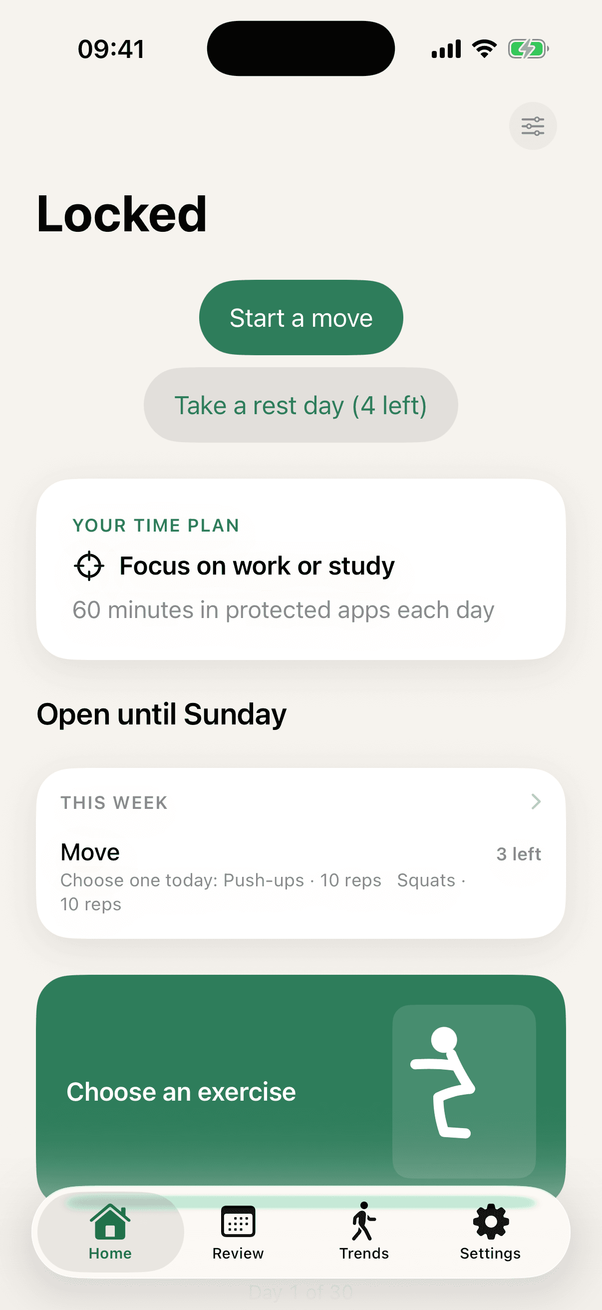 The MoveFirst home screen: a large heading reading Locked, a Start a move button with Take a rest day (4 left) below it, a card headed YOUR TIME PLAN reading Focus on work or study and 60 minutes in protected apps each day, then Open until Sunday and a THIS WEEK card reading Move, 3 left, Choose one today: Push-ups · 10 reps, Squats · 10 reps.