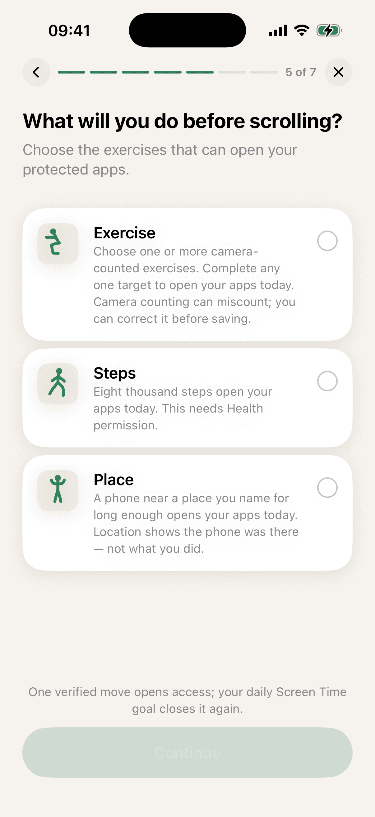 Step 5 of 7 of setup: Push-ups and Squats at 10 reps each, 3× a week, above the line Complete any one selected target. Different exercises never combine, and a day counts once. Below it the two camera-free routes — Steps, Eight thousand steps open your apps today. This needs Health permission; and Place, A phone near a place you name for long enough opens your apps today. The footer reads One verified move opens access; your daily Screen Time goal closes it again.