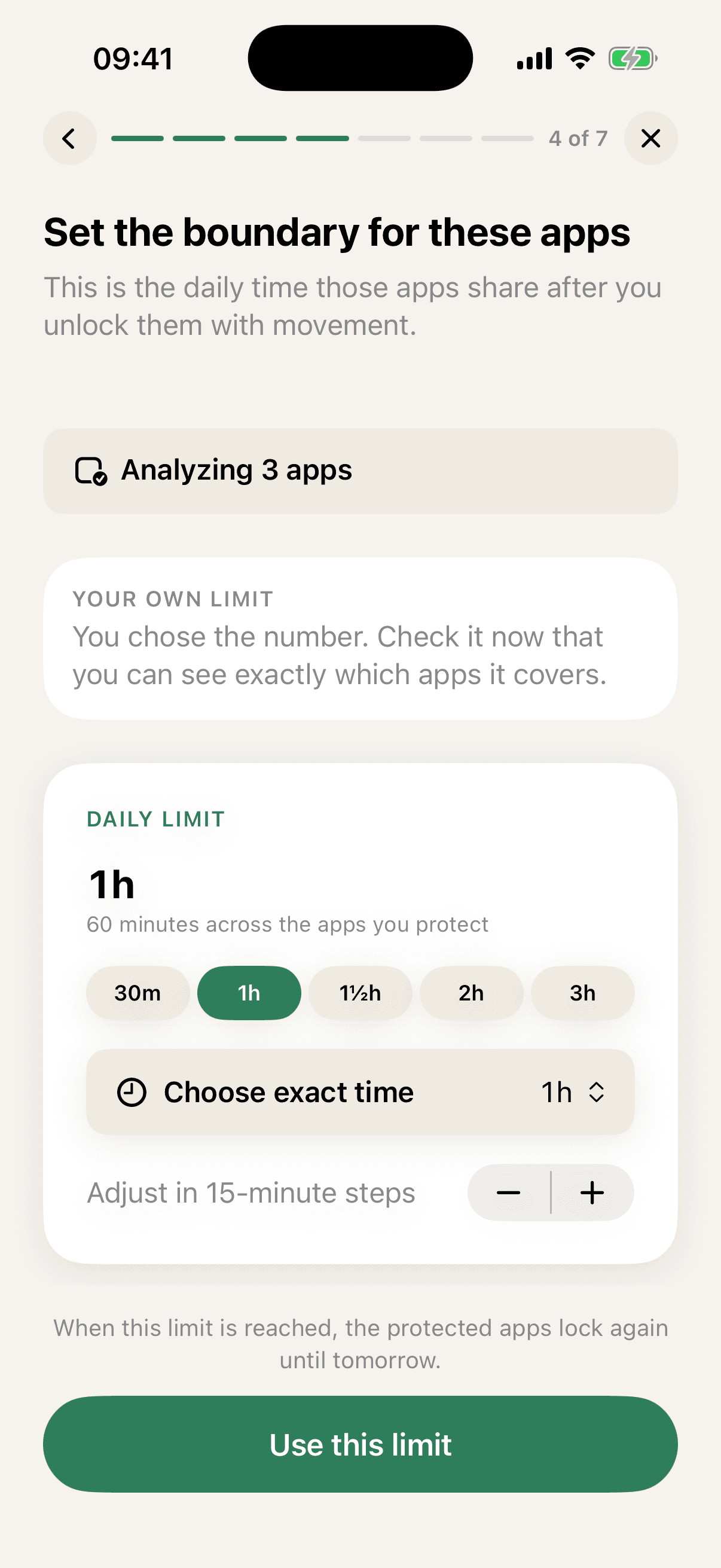 The daily-limit step of MoveFirst setup, showing a one-hour limit, preset chips from 30 minutes to three hours, and the note that the protected apps lock again until tomorrow once the limit is reached.