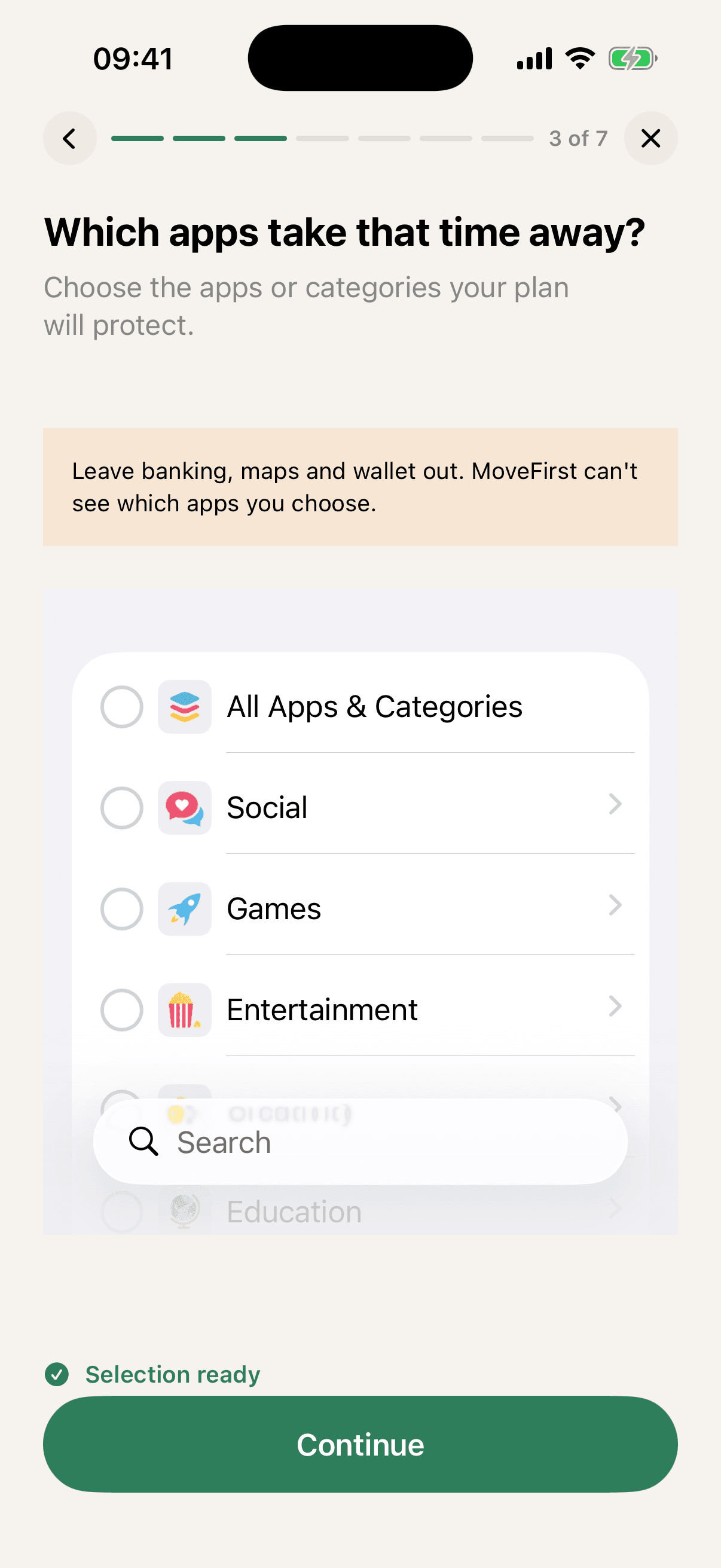 Step 3 of 7 of setup, headed Which apps take that time away? and Choose the apps or categories your plan will protect, with a highlighted note reading Leave banking, maps and wallet out. MoveFirst can't see which apps you choose — above Apple's own picker listing All Apps & Categories, Social, Games and Entertainment.