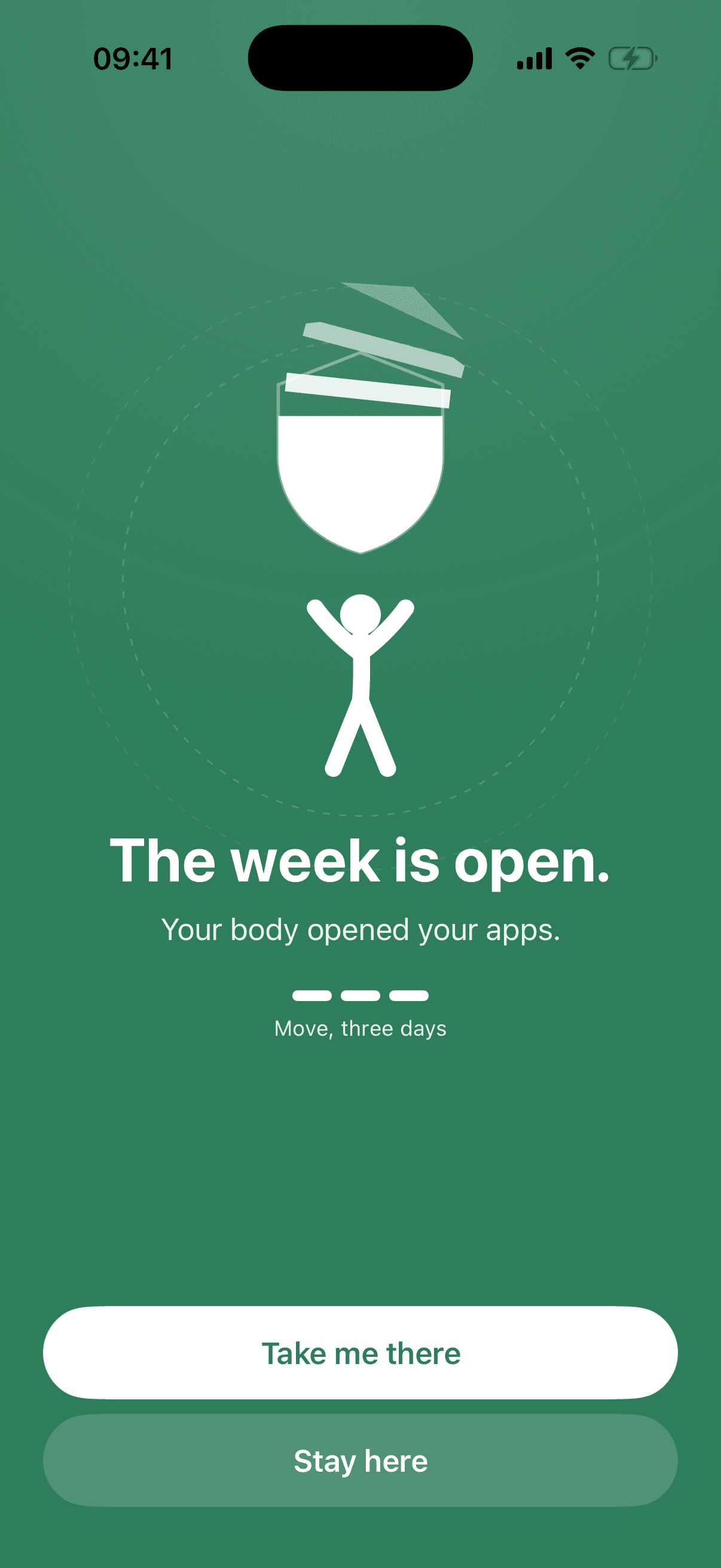 The screen shown once a session is verified: The week is open, Your body opened your apps, three marks and the label Move, three days, above buttons reading Take me there and Stay here.